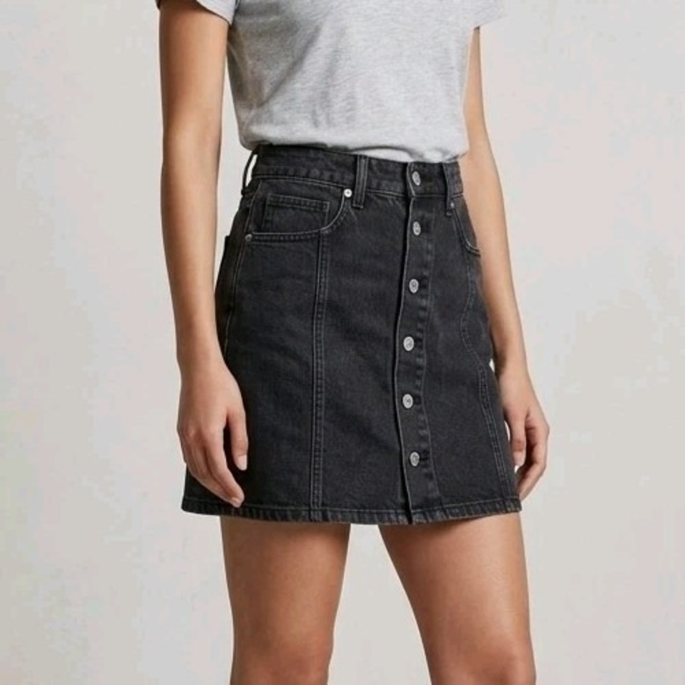 American Eagle Black Denim Button Front Hi-Rise Mini Skirt Size 2 Goth Punk